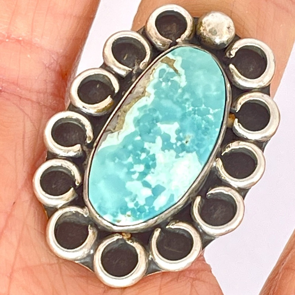 VTG Navajo Turquoise Ring Sz 7 Long Flower Sterling Silver 9g 1960s Native Amer